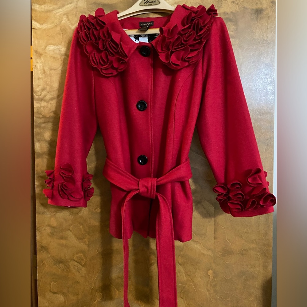 Red wool coat with belt.  Size medium.